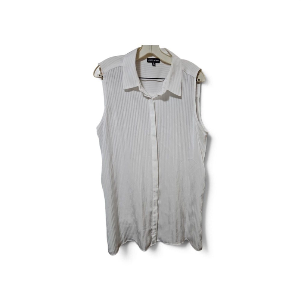 Modern Works Womens White Pinstripe Sleeveless Button Down Blouse Top XL 0519